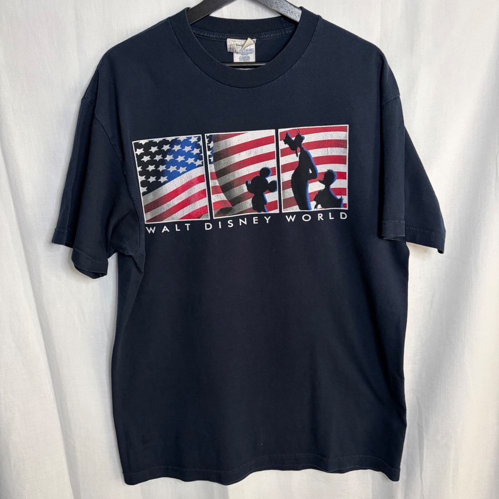 Walt Disney World Mickey Goofy Donald American Flag Graphic T-Shirt Mens L Navy